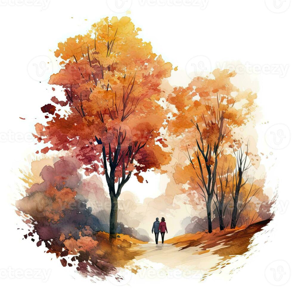 ai generado acuarela otoño paisaje con un Pareja caminando. ai generado foto