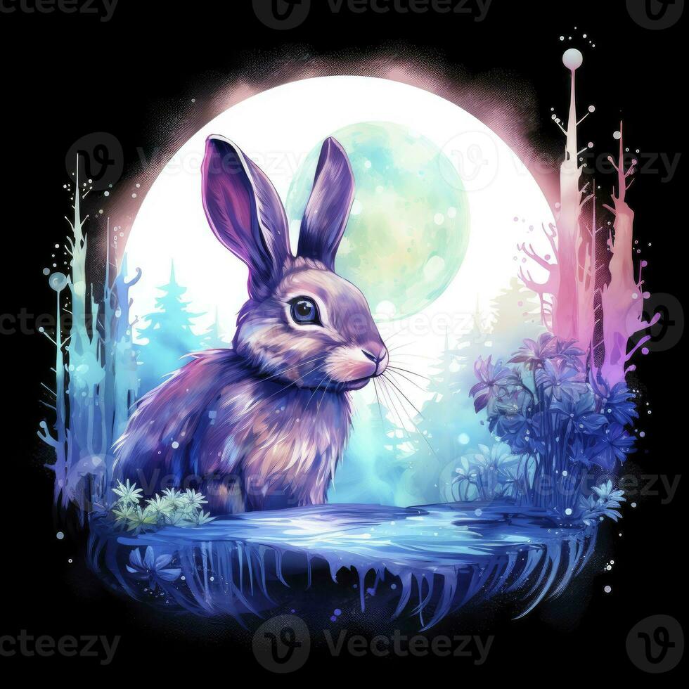 AI generated Watercolor Rabbit and Glowing Moon for T-shirt Design. AI Generated photo