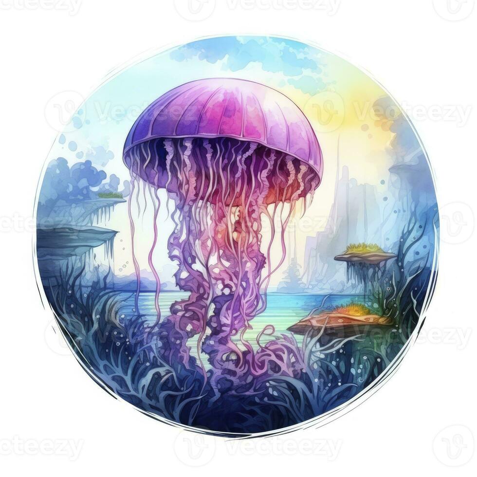 AI generated Jellyfish in an underwater landscape in a circle. AI Generated photo