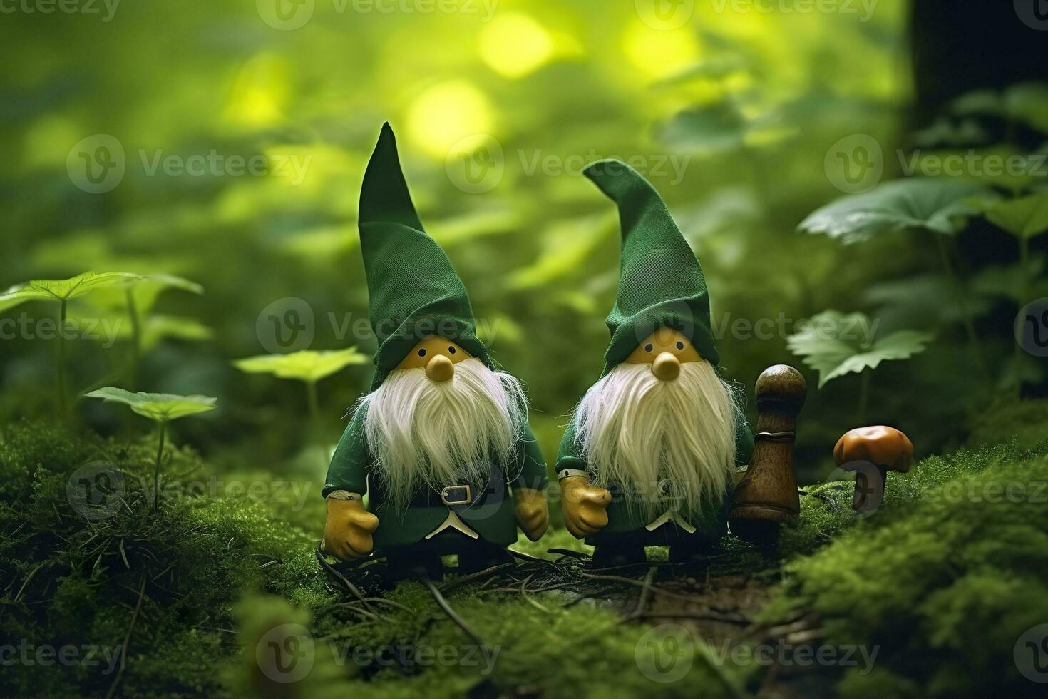 AI generated Toy Irish gnomes in a mystery forest, abstract green natural background. Generative AI photo