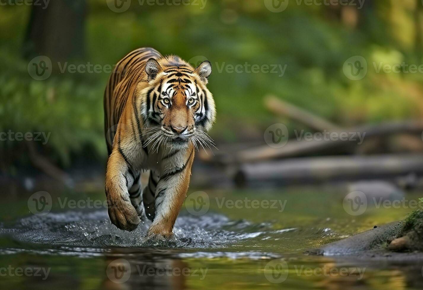 AI generated Amur tiger walking in the water. Dangerous animal.  Animal in a green forest stream. Generative AI photo