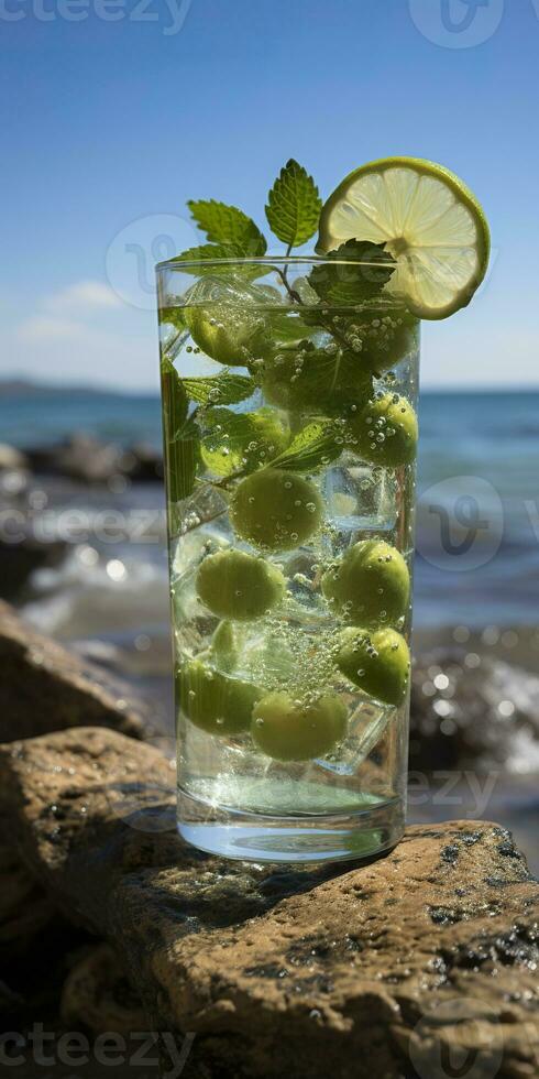AI generated Stunning photo of cocktail mojito, a sunny summer beach in the background. Generative AI