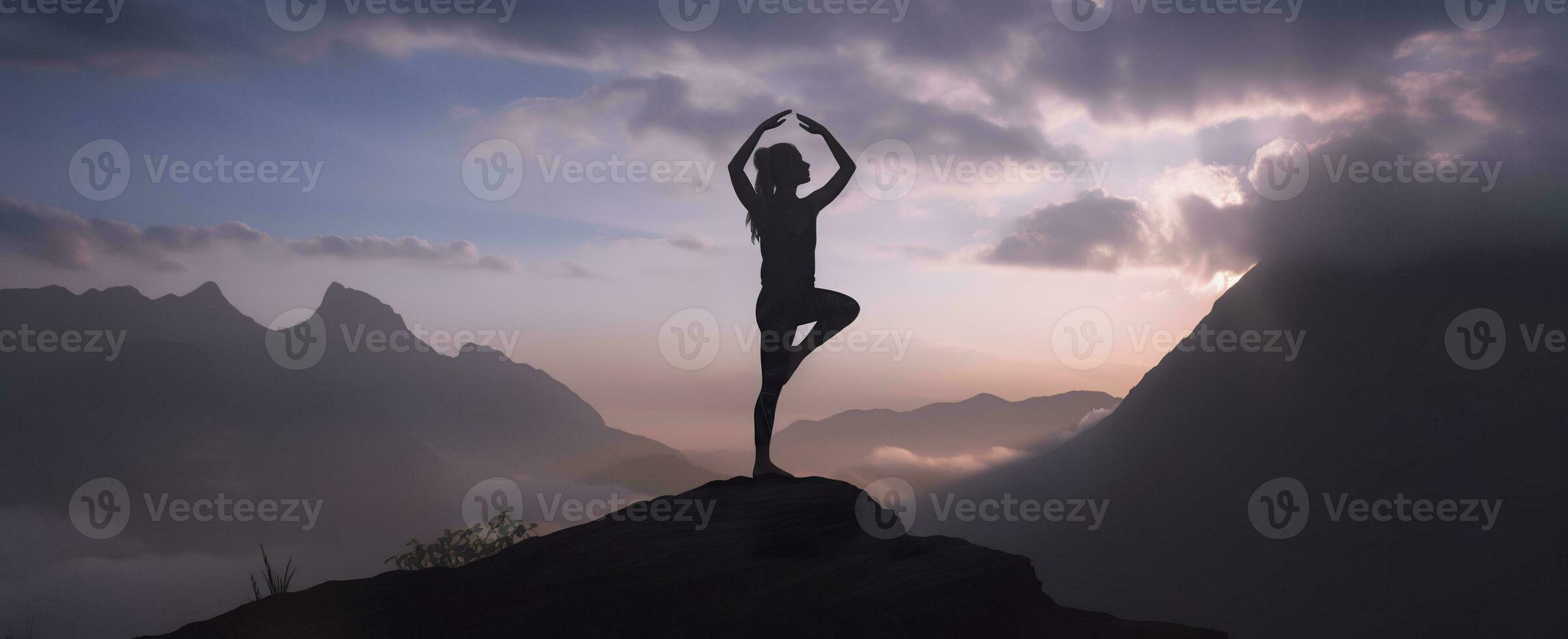 AI generated silhouette of a woman practicing yoga in the summit with mountain Background. AI Generated photo