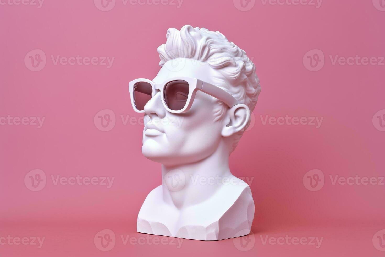 AI generated The head of a white mythological statue with fashionable pink glasses on his eyes, frame in profile. AI Generative photo