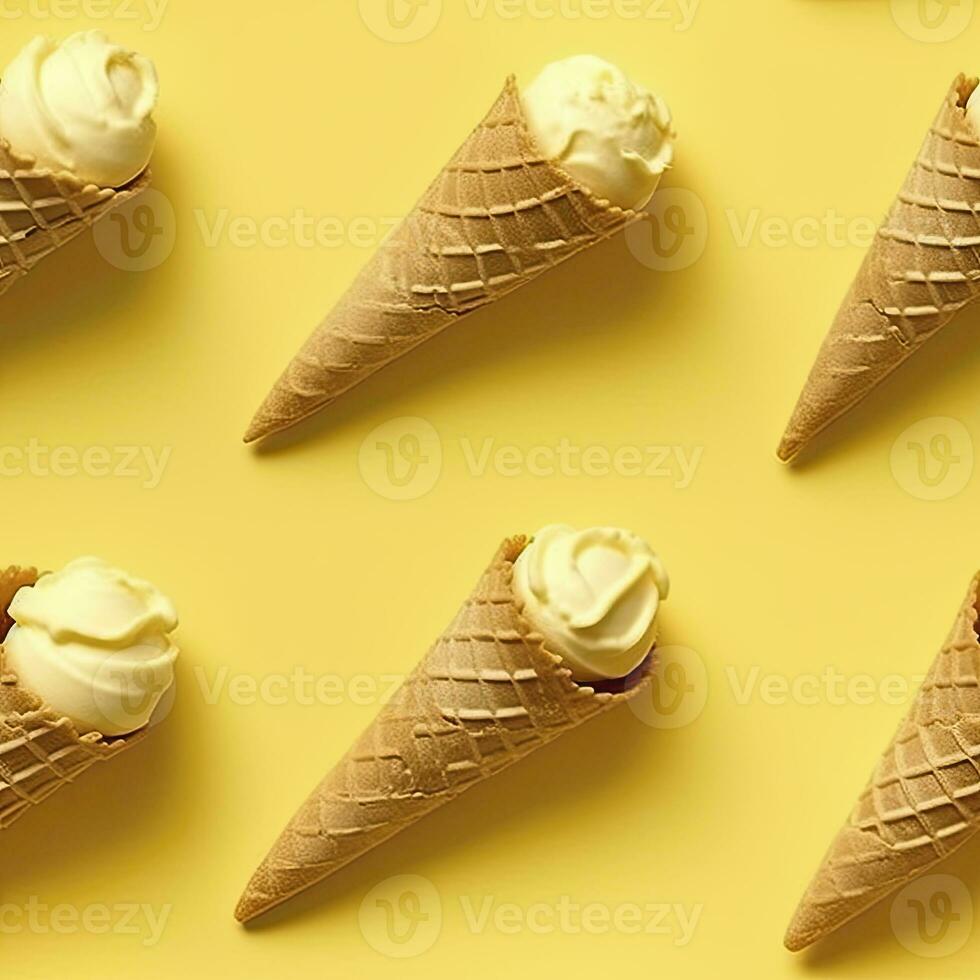 AI generated Ice Cream pattern on yellow background, top view. AI Generated photo