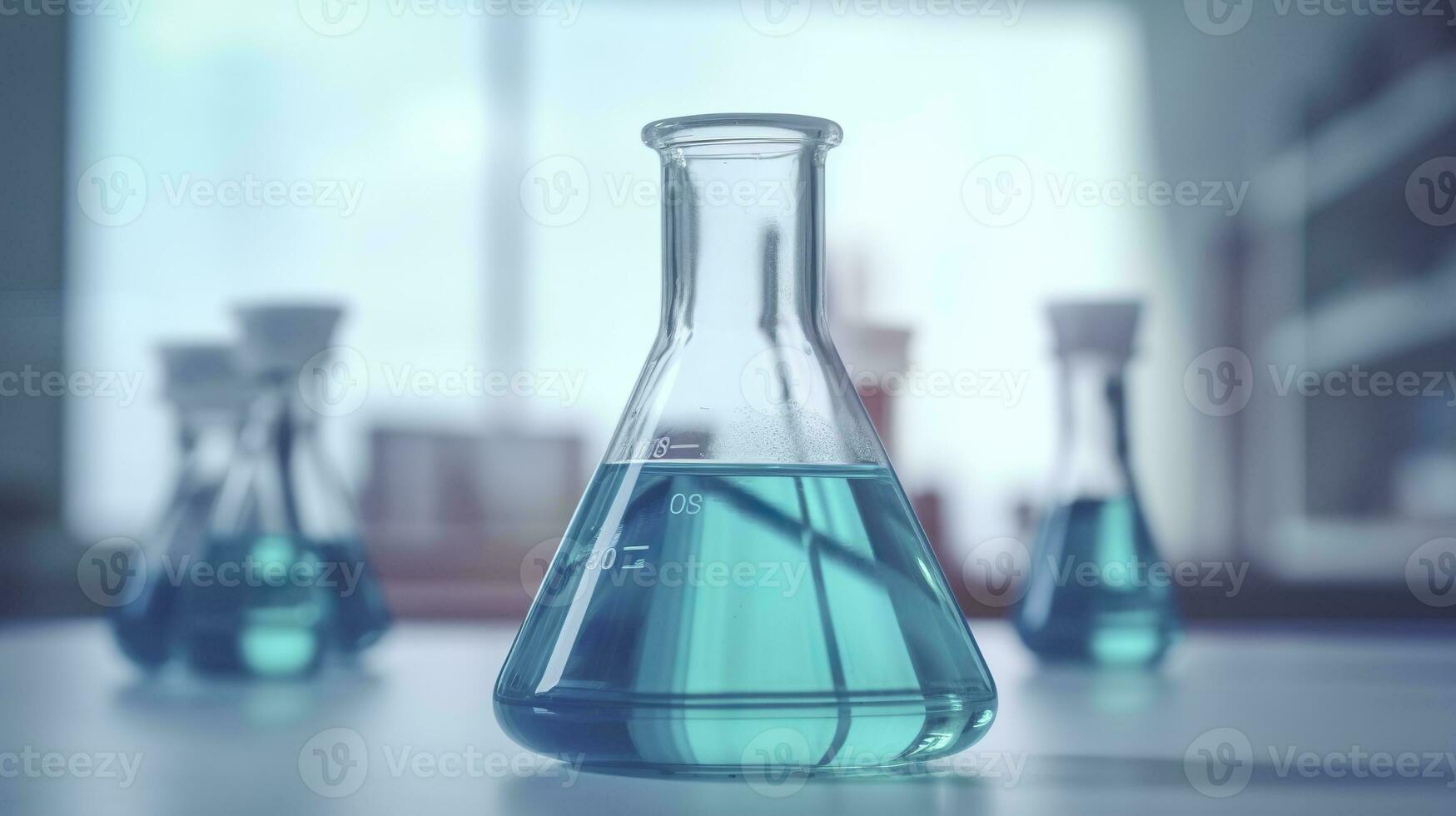 AI generated A Science Beaker in the laboratory on a table white and light blue background.. laboratory equipment out of focus. AI Generative photo