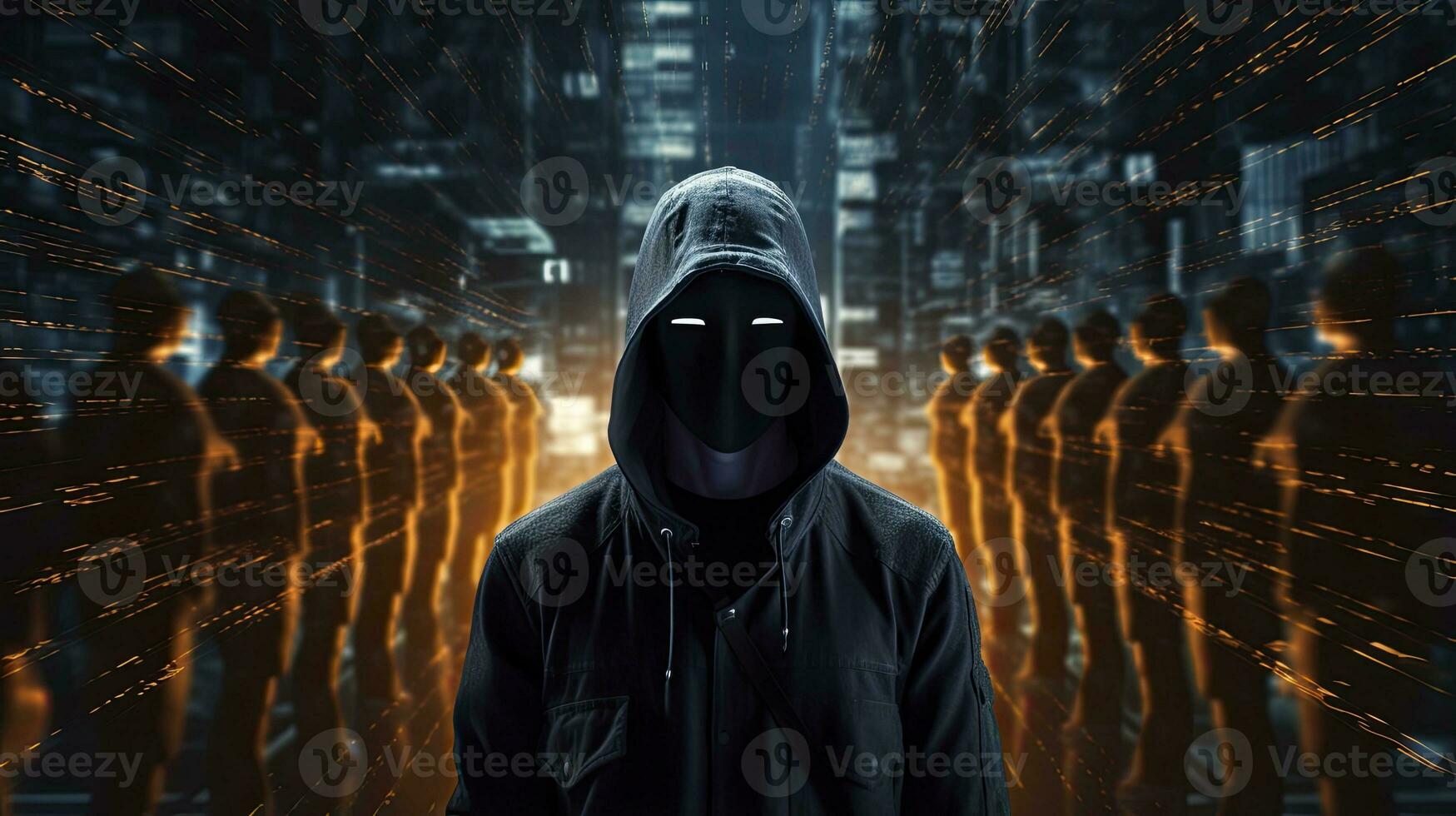 ai generado revelando el anónimo hacker digital intriga, invisible amenazas ai generado foto