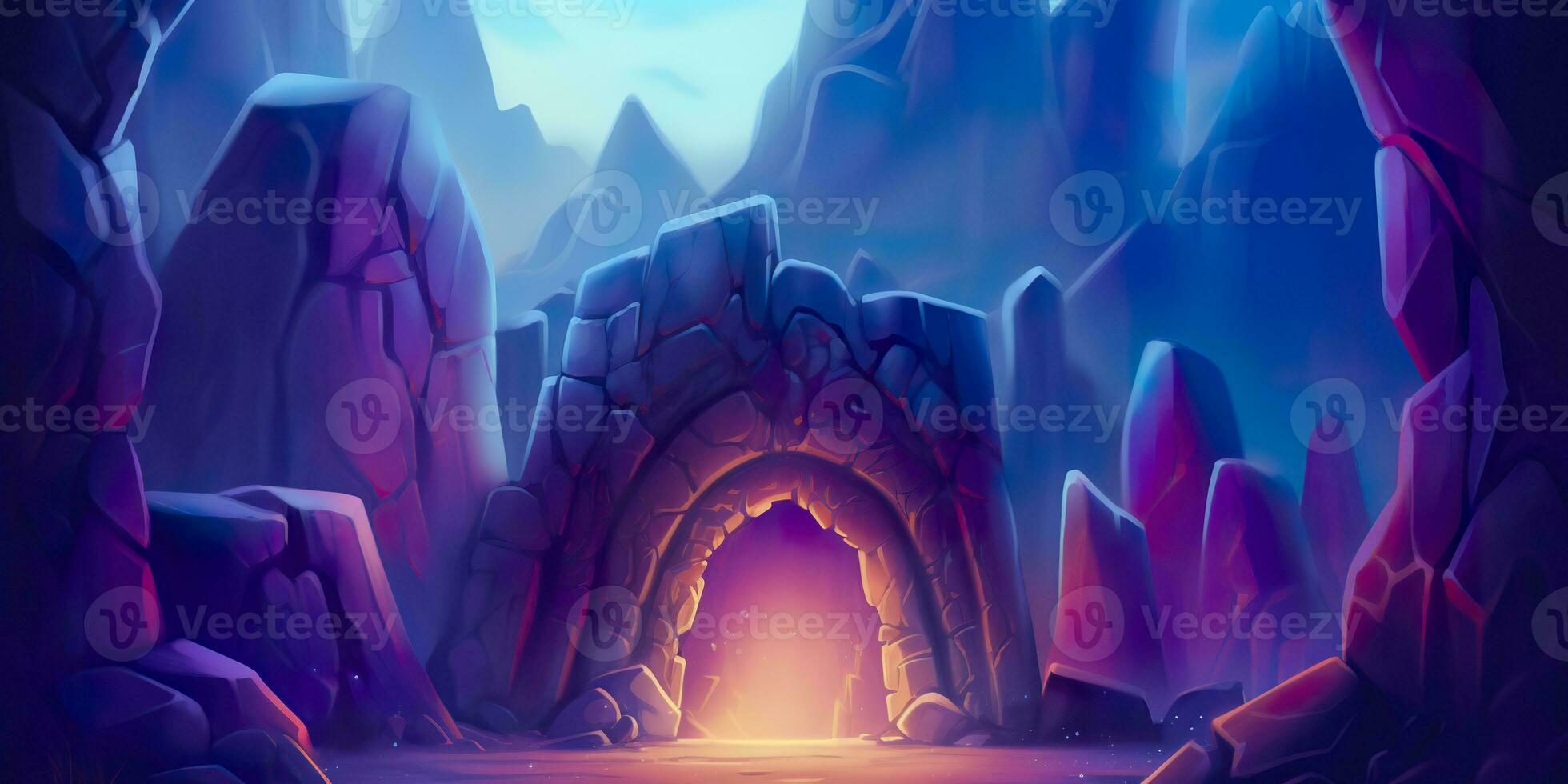 AI generated A mountain peak treasure cave in a barren and uninhabited place in Night. AI Generative photo
