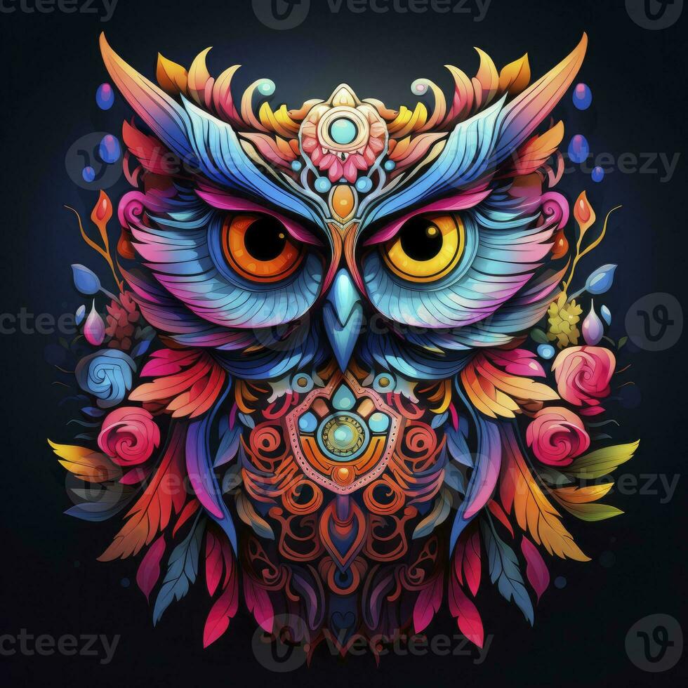 AI generated Multicolored mandala owl coloring page for adults. AI Generated photo