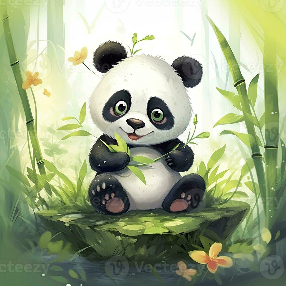 AI generated Cute panda in the middle of a bamboo forest. T-shirt design. AI Generated photo