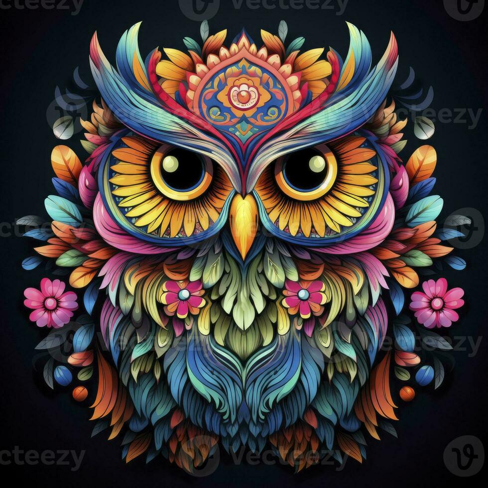 AI generated Multicolored mandala owl coloring page for adults. AI Generated photo