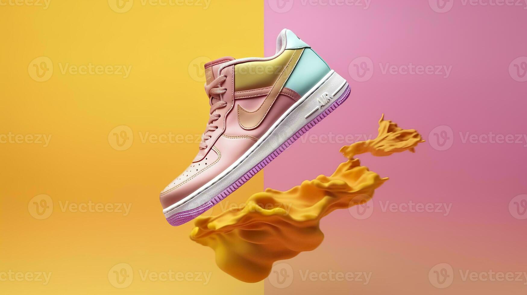 AI generated Flying trendy sneakers on creative colorful background, Stylish fashionable concept. AI Generated photo