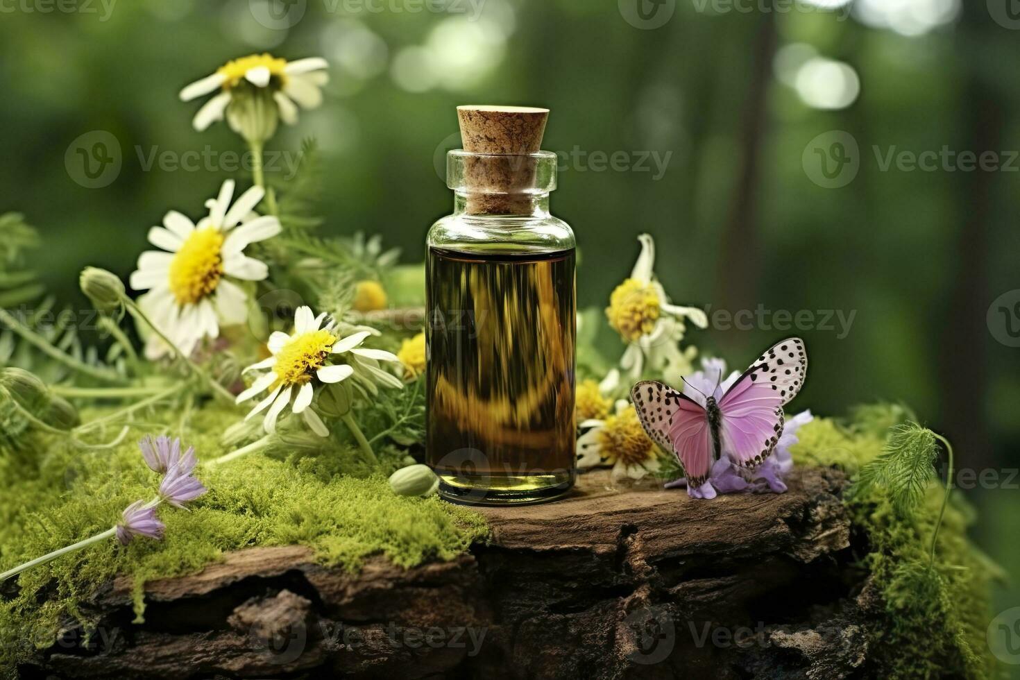 ai generado vaso botella de herbario esencial extracto, mariposa, y flores silvestres en un árbol tocón. ai generado foto