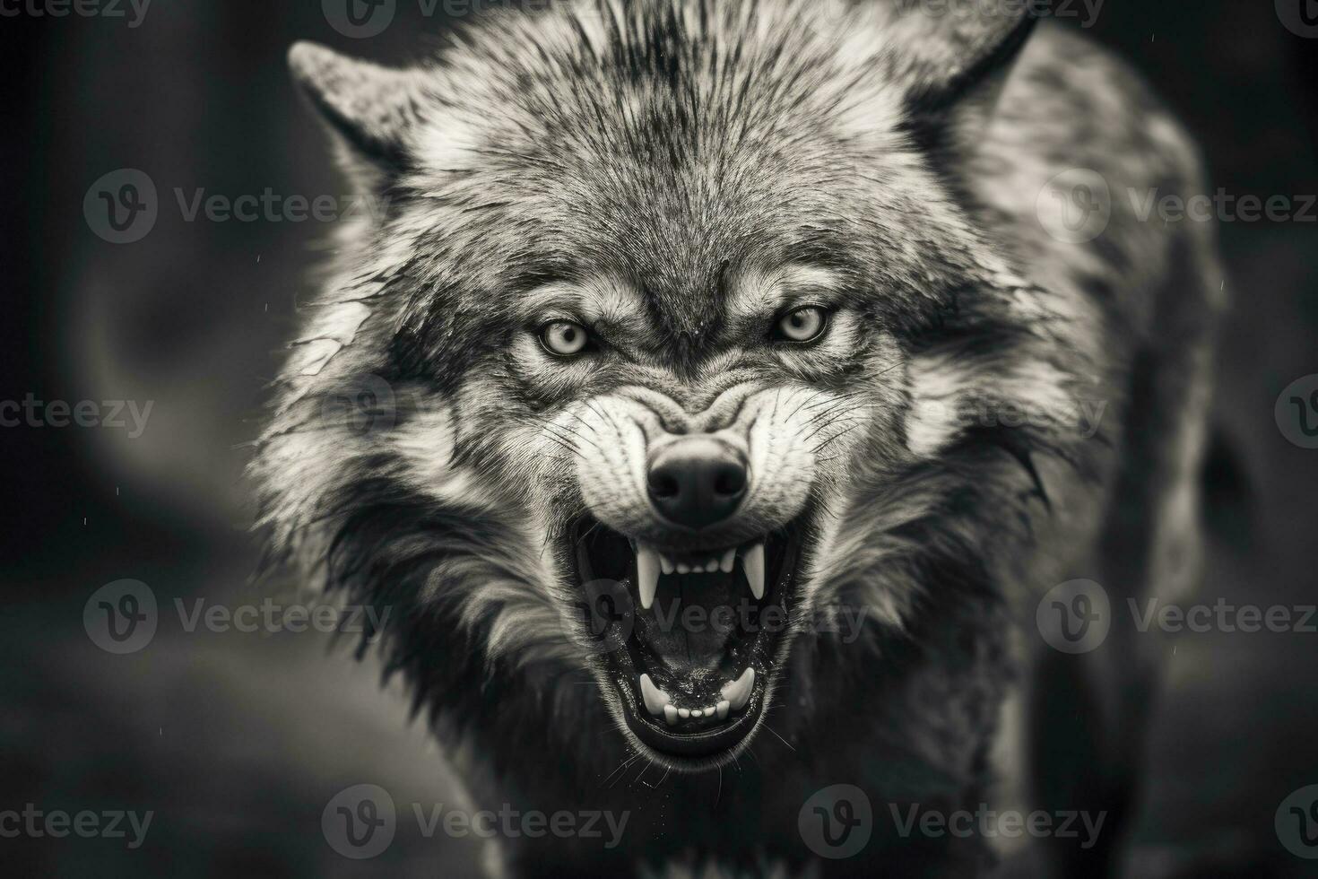 AI generated Greyscale closeup shot of an angry wolf with a blurred background. AI Generated photo
