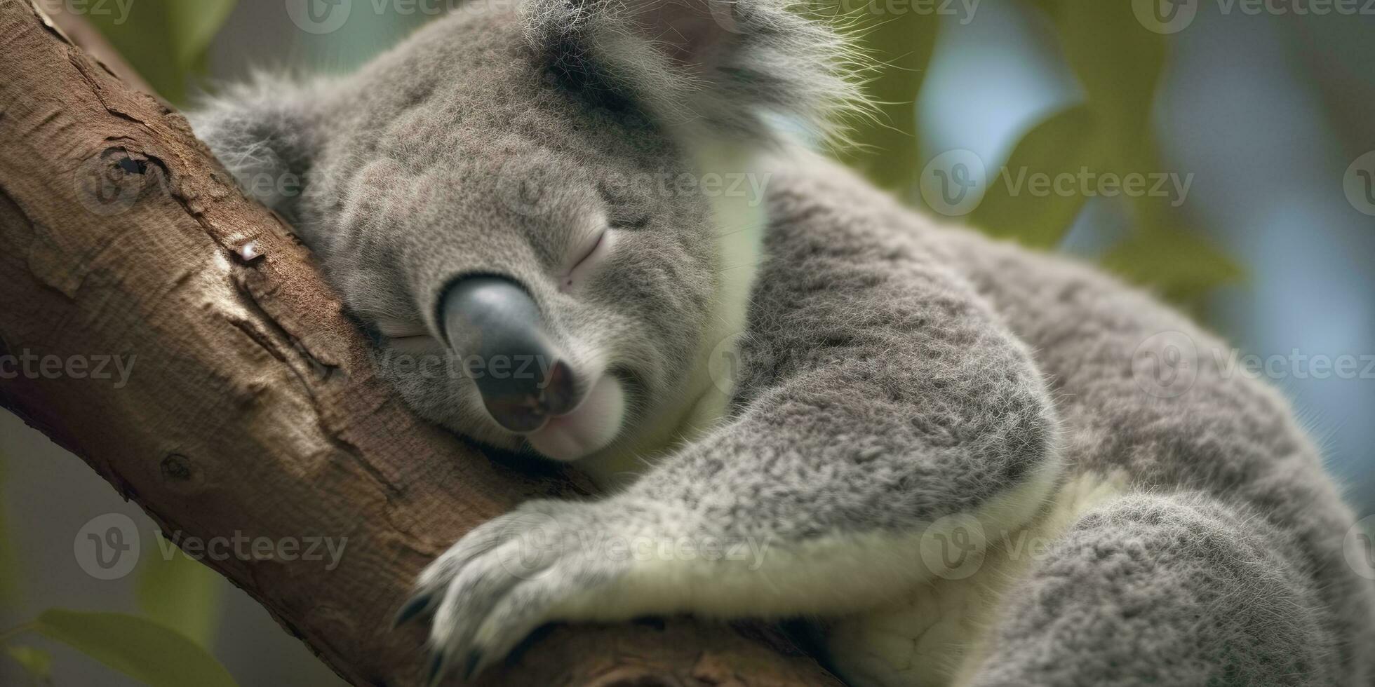 AI generated Koala asleep in tree. AI Generated photo