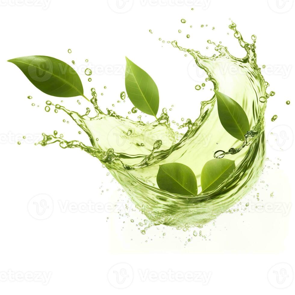 AI generated Green herbal tea wave splash with leaves flow. AI Generated photo