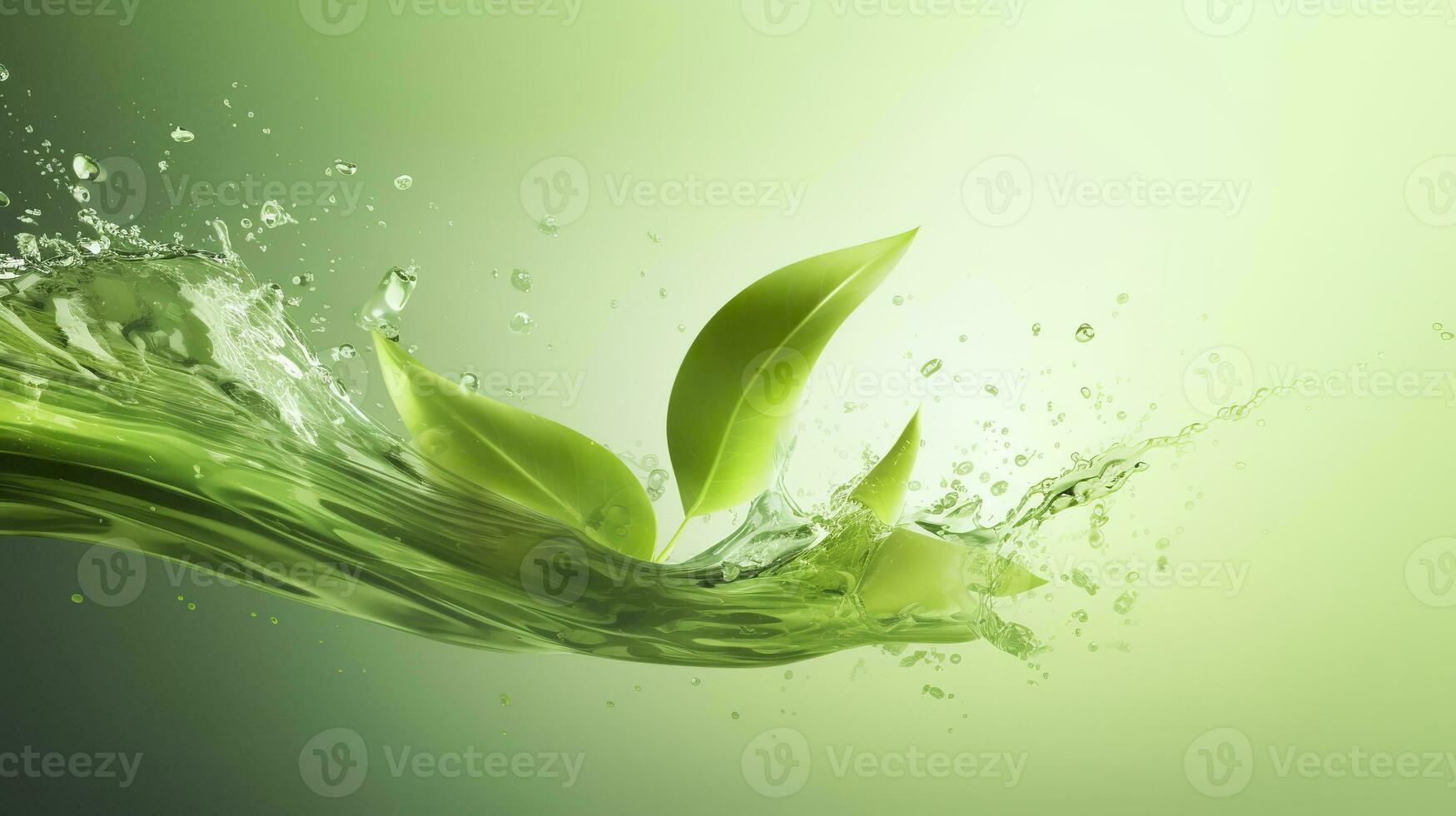 AI generated Green herbal tea wave splash with leaves flow. AI Generated photo