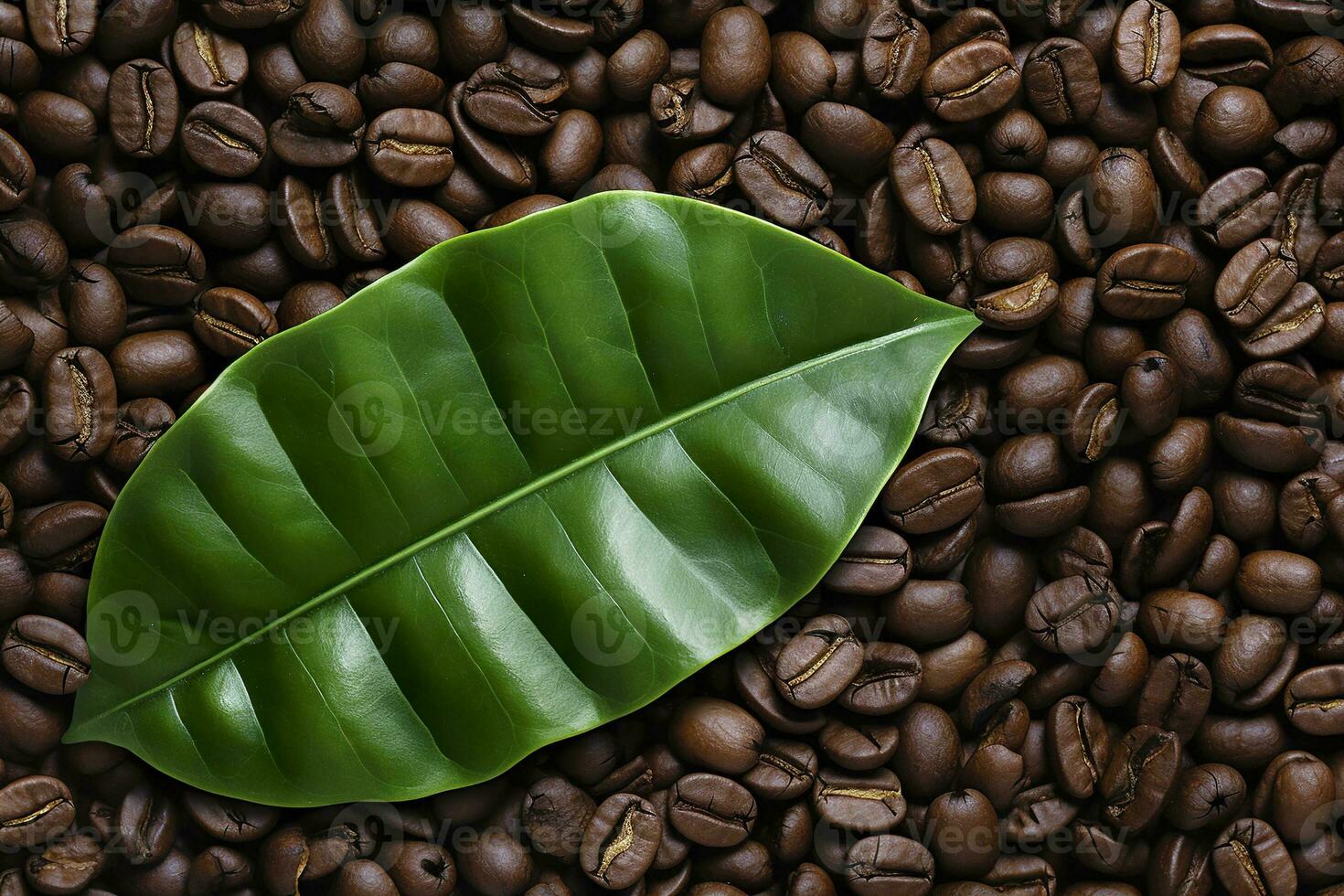 AI generated Green leaves with coffee beans as background. AI Generated photo