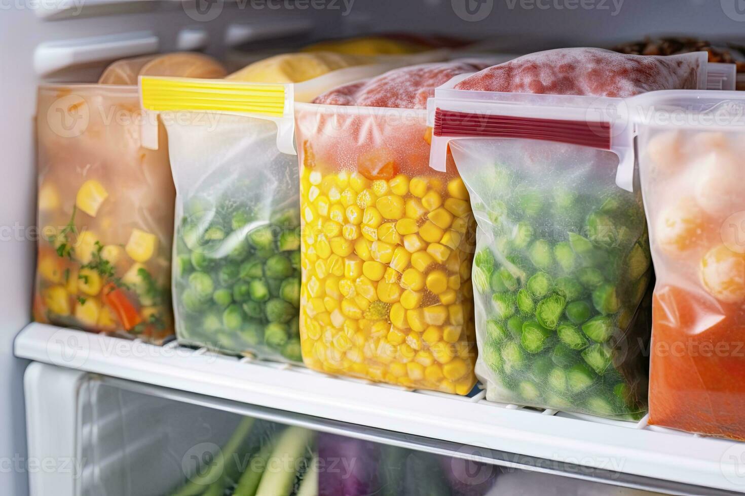 AI generated Frozen food in the freezer. Frozen vegetables. AI Generated photo