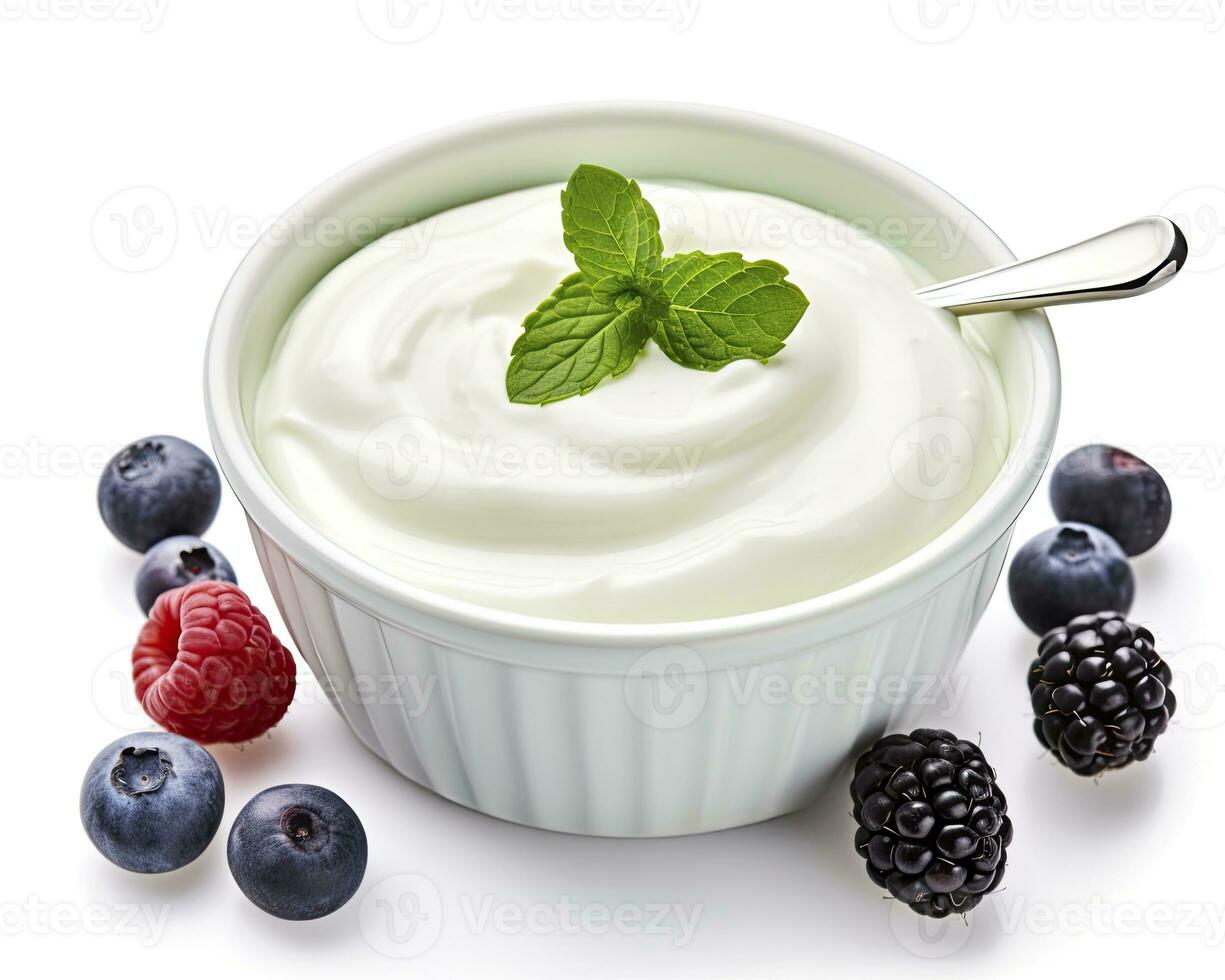 AI generated Green bowl of greek yogurt and fresh berries isolated on white background. AI Generated photo