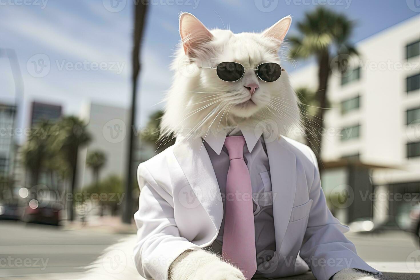 AI generated A cat is wearing sunglasses, suit and standing on street. AI Generated photo