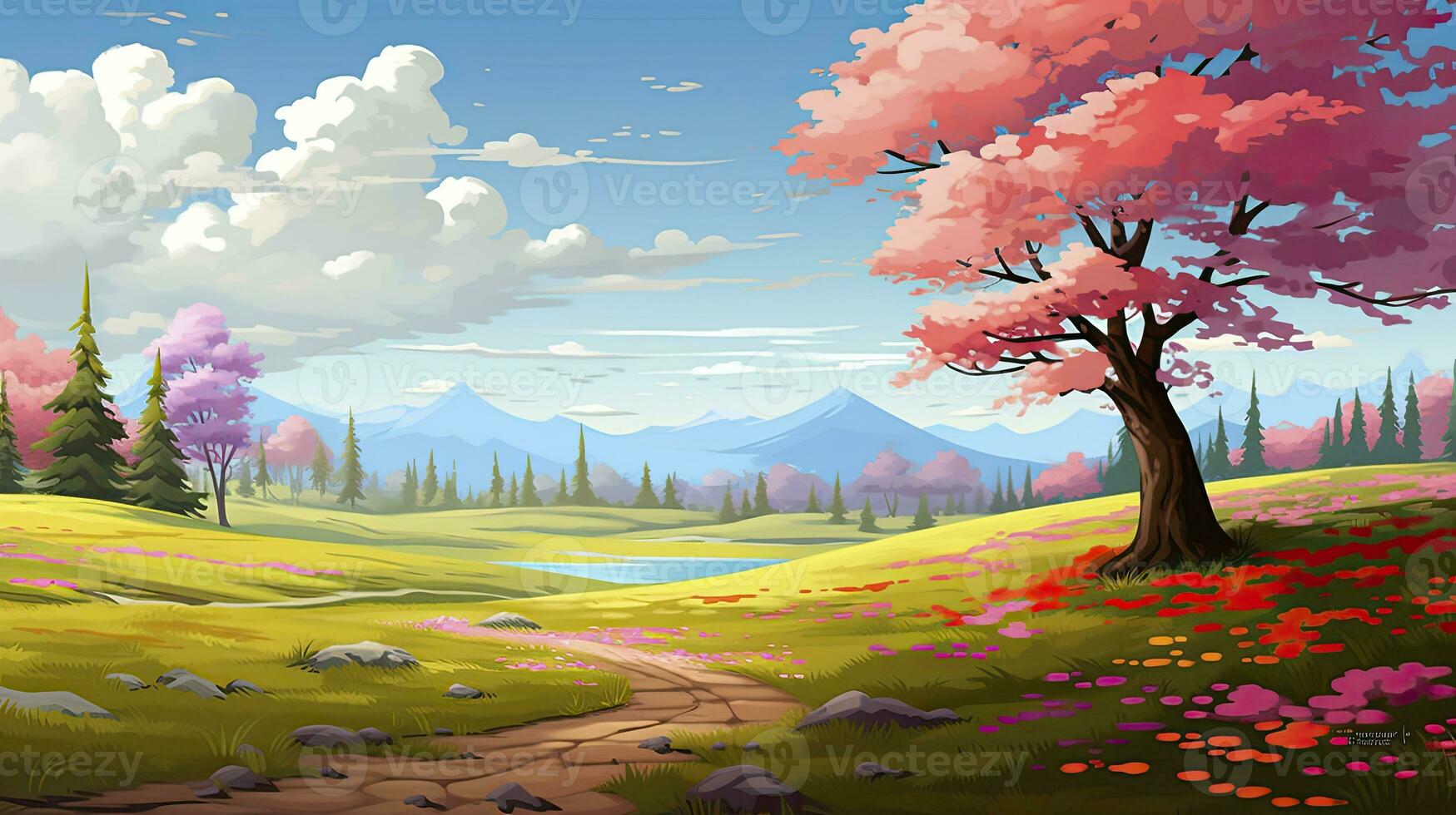 AI generated Spring season with colorful flowers and trees in a pretty meadow or field. AI Generated. photo