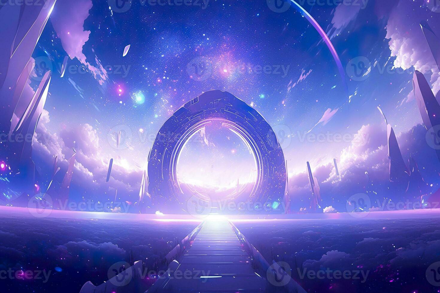AI generated Portal to another world. Futuristic cosmic landscape with circle tunnel in starry sky. Generative AI photo