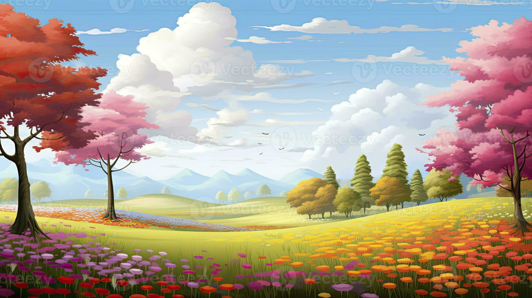 AI generated Spring season with colorful flowers and trees in a pretty meadow or field. AI Generated. photo