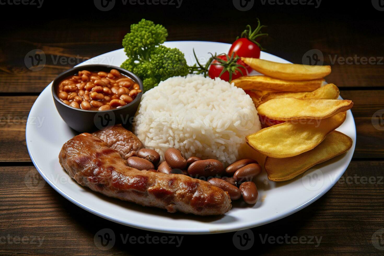 AI generated Rice, beans, French fries, and meat. Generative AI photo