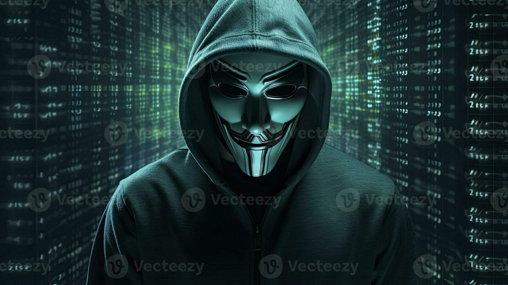 AI generated Binary Intrigue. Anonymous robotic hacker. Concept of hacking. AI Generated photo