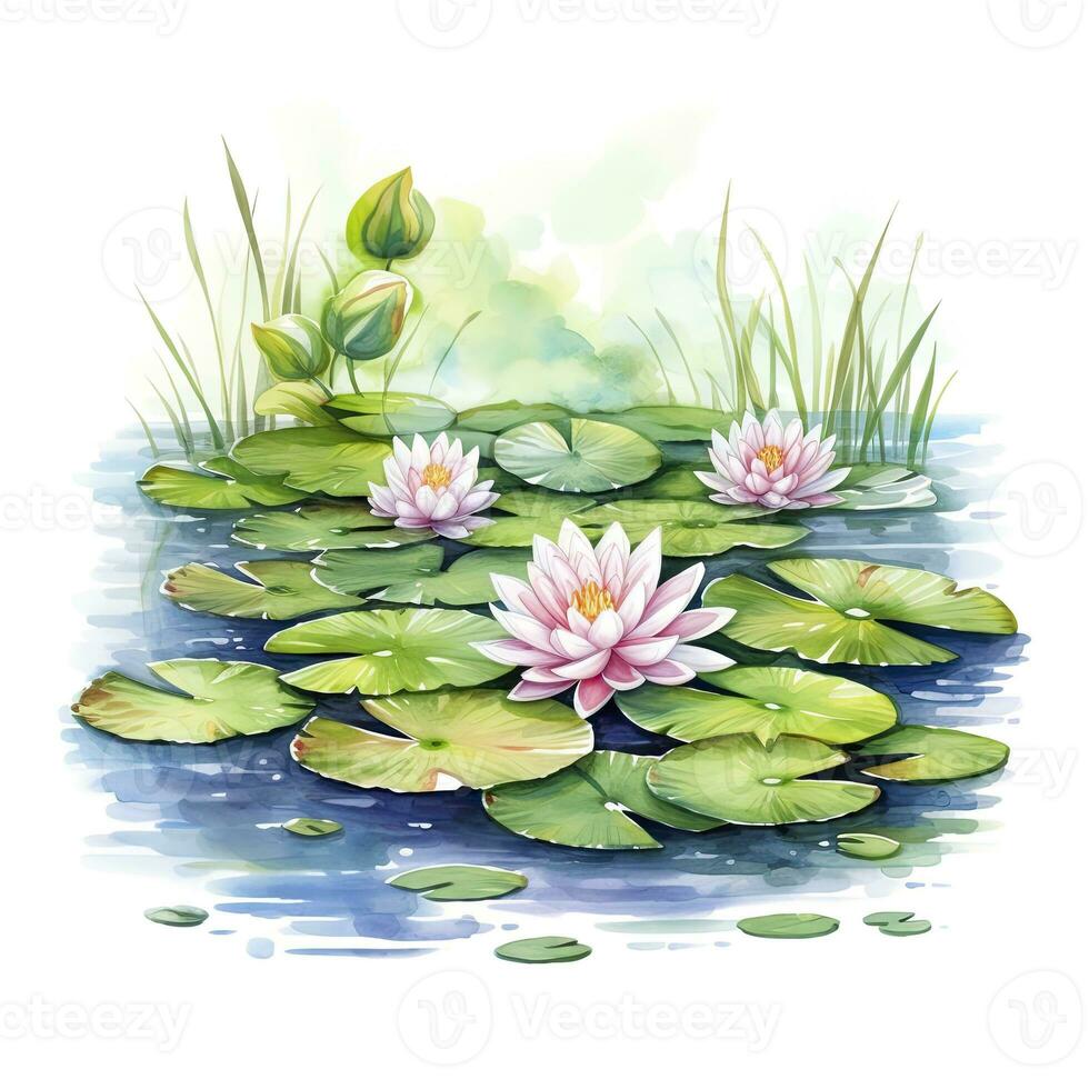 AI generated Water Lily in Pond. Watercolor design. AI Generated photo