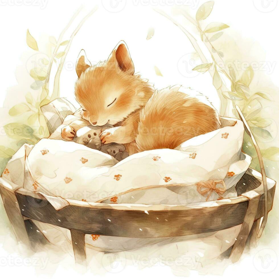 AI generated A sleepy baby squirrel in a bedding. watercolor illustration. AI Generated photo