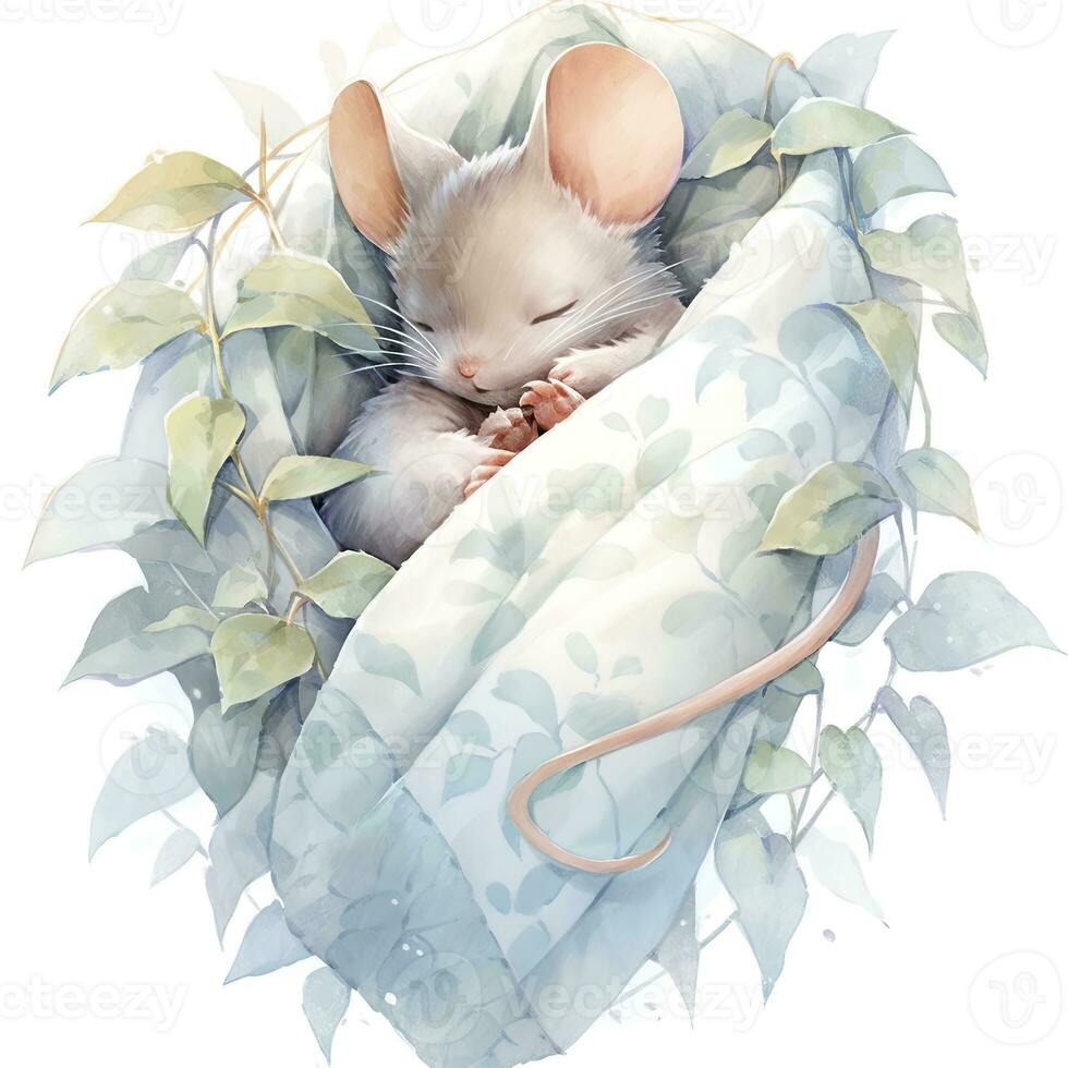 AI generated A sleepy baby mouse in a bedding, watercolor illustration.  AI Generated photo