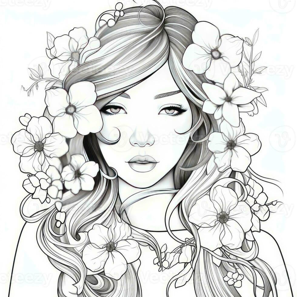 AI generated A girl on a coloring book page with Jasmine flowers. AI Generated photo