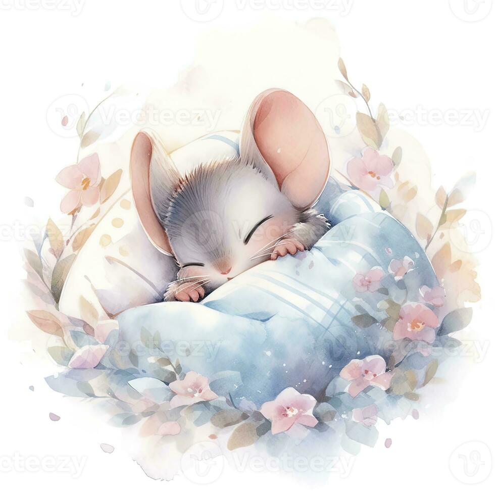 AI generated A sleepy baby mouse in a bedding, watercolor illustration.  AI Generated photo