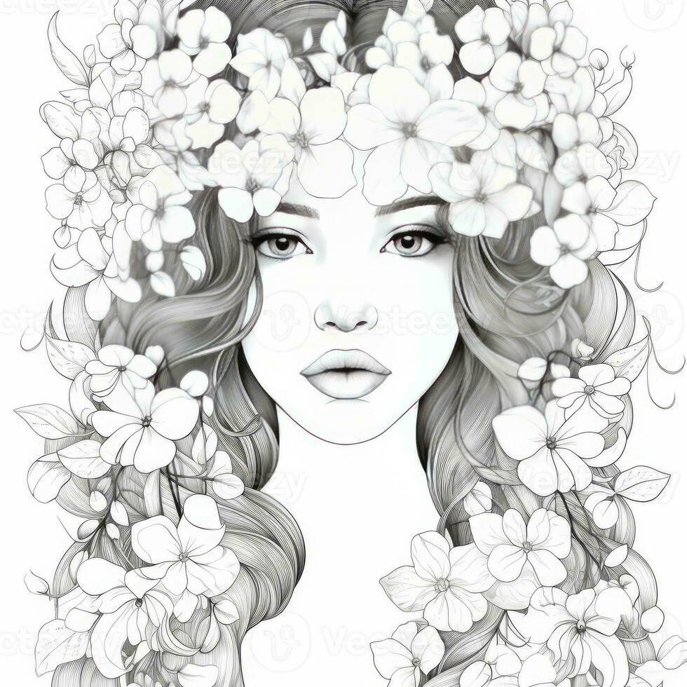 AI generated A girl on a coloring book page with Jasmine flowers. AI Generated photo