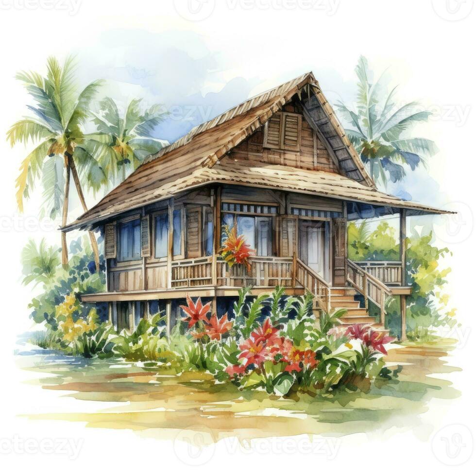 AI generated A watercolored bright serene image of a traditional bahay kubo. AI Generated photo