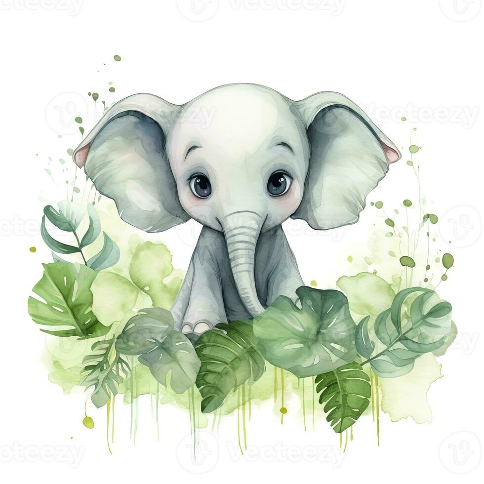 AI generated Happy cute baby elephant in green leaves in the watercolor style. AI Generated photo