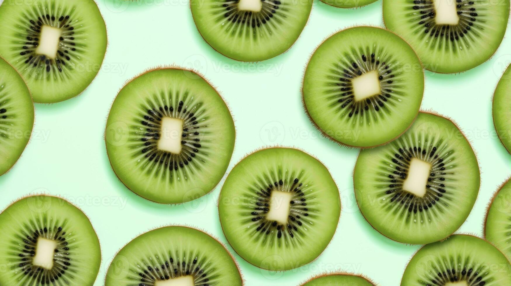 AI generated Slices of kiwi fruit and green mint leaves on a light pastel blue background. AI Generated photo