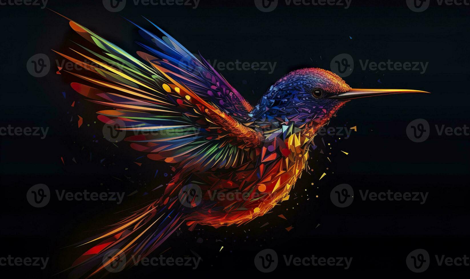 AI generated hummingbird logo with multiple colors flying through the air.  AI Generated photo