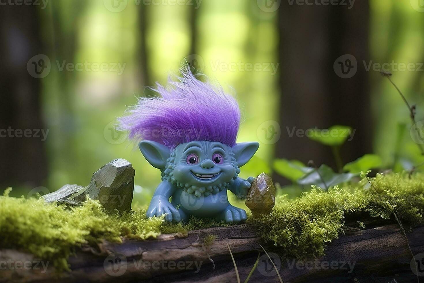 AI generated Tale troll with crystals in the forest, natural green background. Generative AI photo