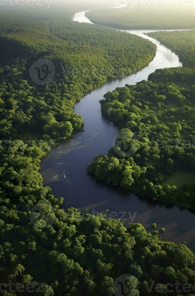 AI generated Aerial view of the Amazonas jungle landscape with river bend. Generative AI photo