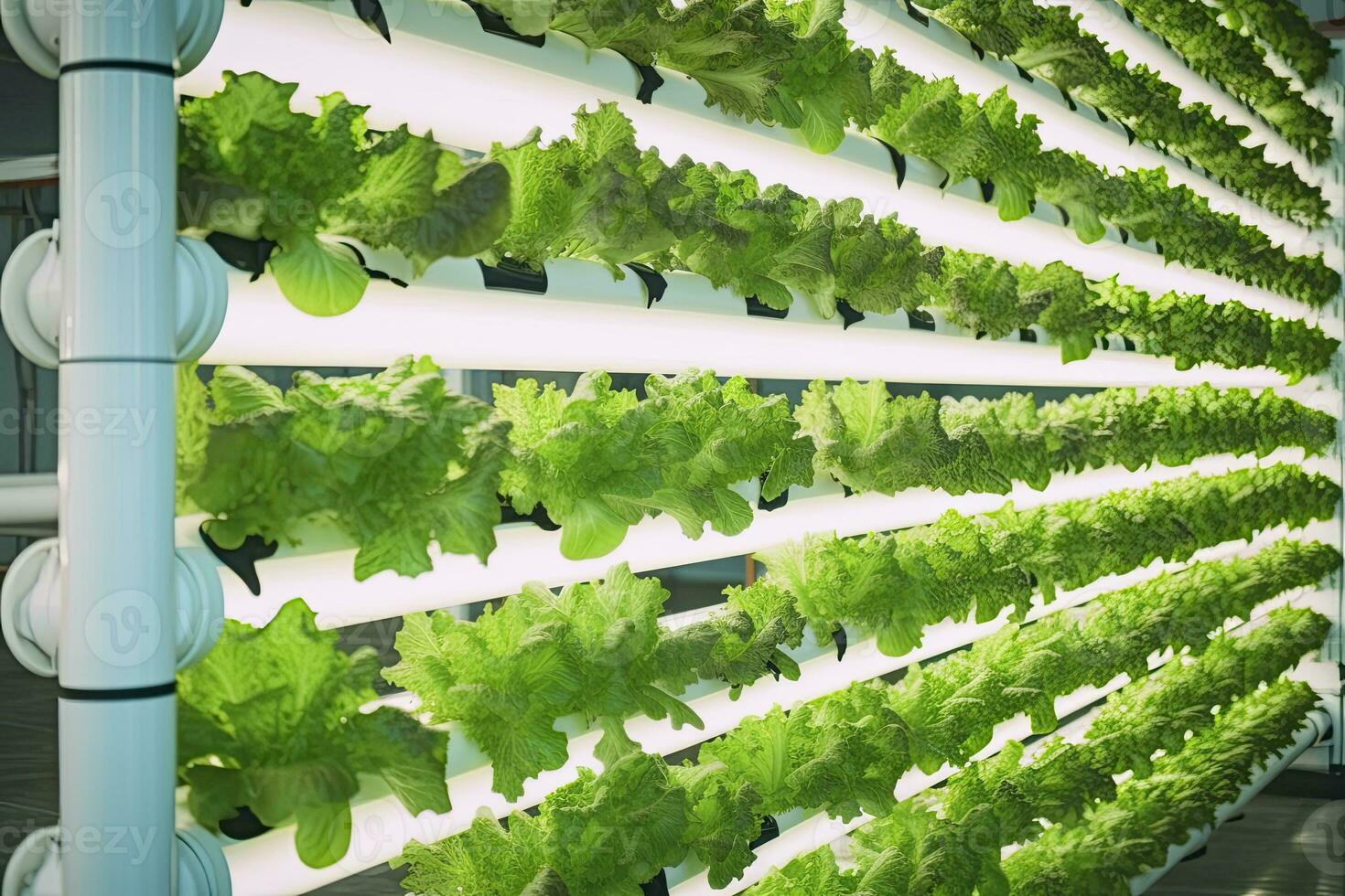 AI generated Vertical Hydroponic Plant System With Cultivated Lettuces. AI Generated photo