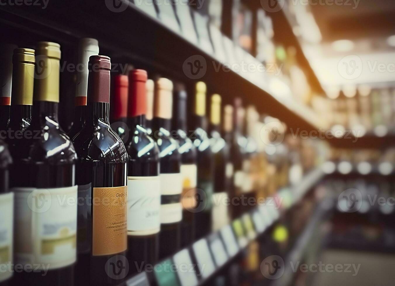 AI generated Abstract blur wine bottles on liquor alcohol shelves in supermarket store background. Generative AI photo