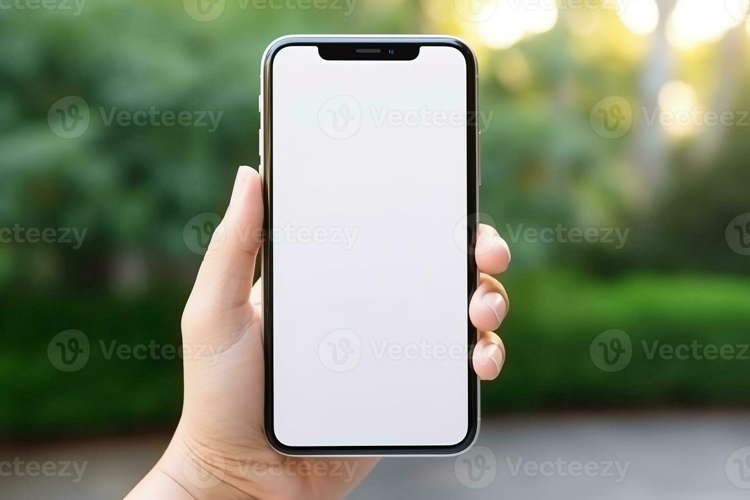 AI generated empty white blank woman smartphone holding mockup photo