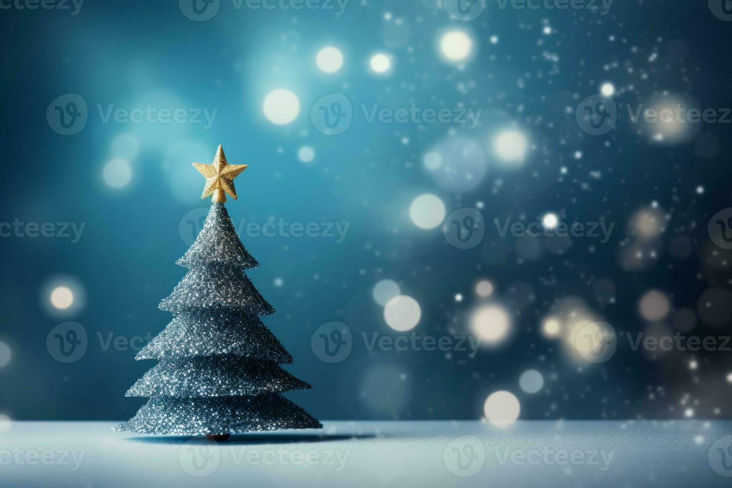AI generated Blue Decorated christmas tree on wooden table and blue blurred background. Copy space photo