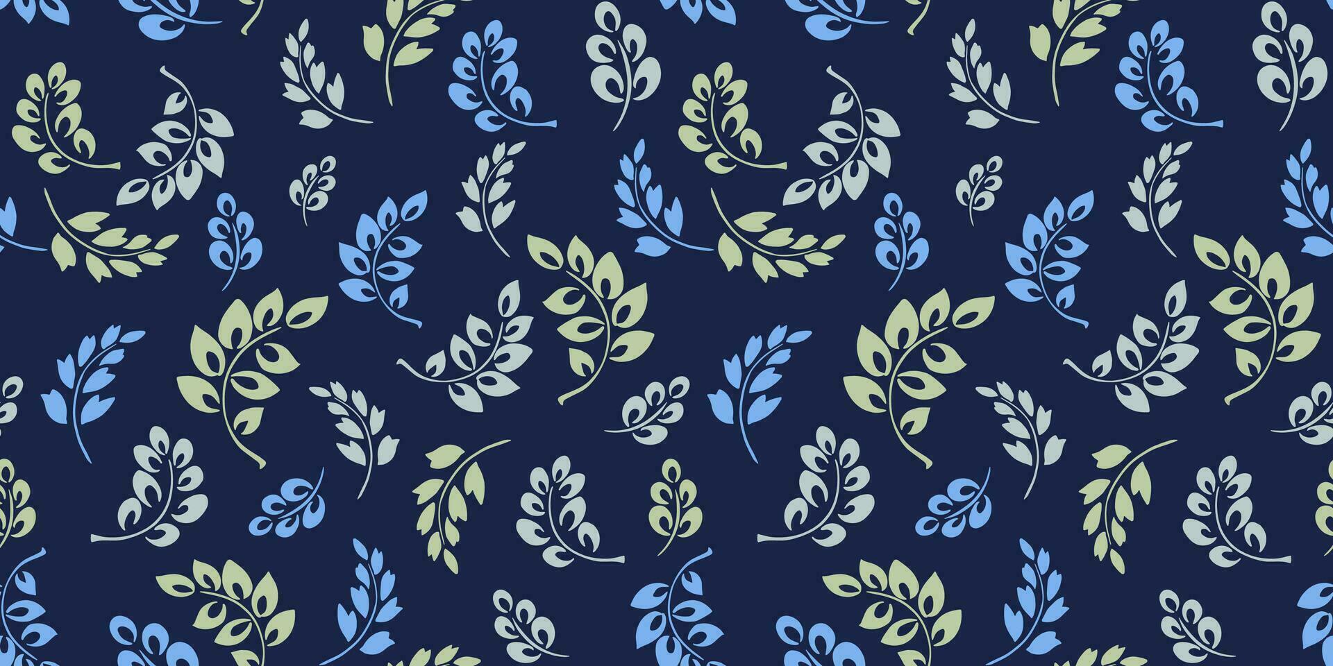 Seamless pattern with vector hand drawn tiny leaves branches, drops. Creative simple abstract floral print on a dark blue background. Template for design fashion, fabric, textile, wallpaper