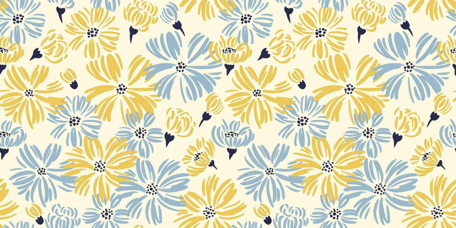 Seamless abstract shape ditsy flowers pattern. Vector hand drawn sketch.  Stylized simple blue yellow daisy floral on a light back print. Summer or spring background. Design for fashion,fabric