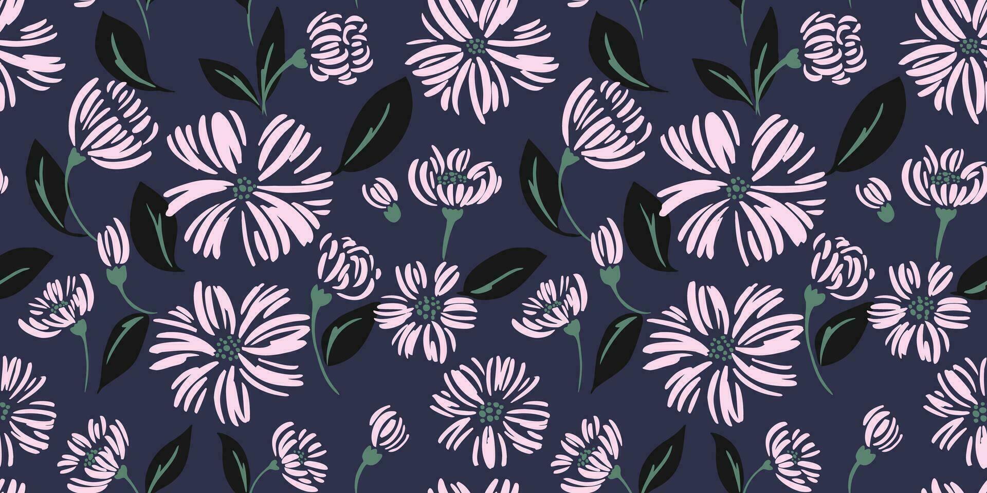 Trendy simple shape flowers seamless pattern on a dark background. Vector doodle hand drawn sketch. Abstract daisy floral print. Design for fashion, textile, fabric, wallpaper
