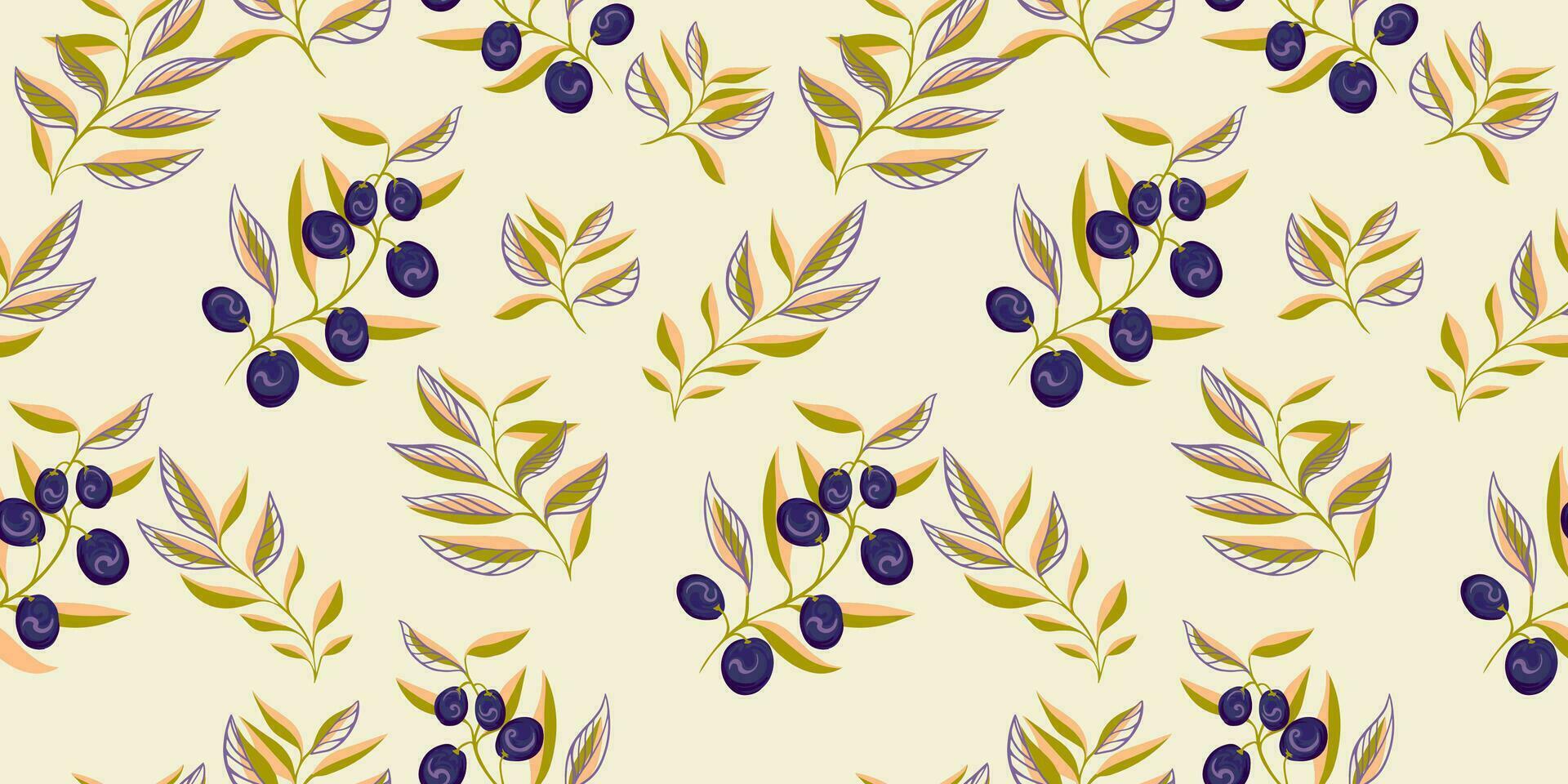Creative olive branch, olive berries, leaves stem seamless pattern. Modern, colorful, abstract leaf branches print. Vector hand drawn sketch. Template for design, textile, fashion, fabric, wallpaper